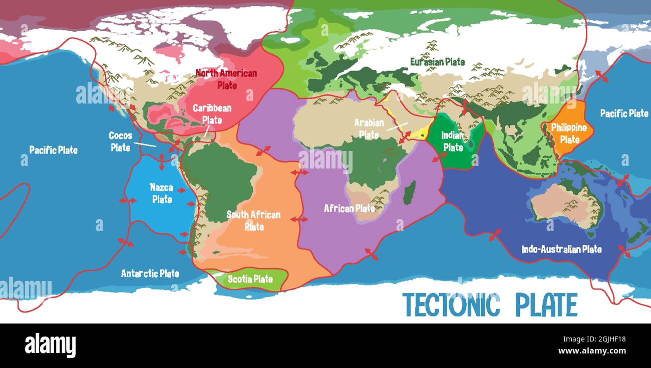 World Map Showing Tectonic Plates Boundaries illustration Stock Vector
