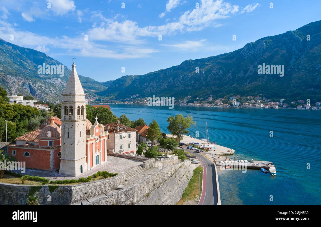 KOTOR, MONTENEGRO - JULY 19, 2021:Aerial view of the Bay of Kotor and St. Matthias church Stock Photo