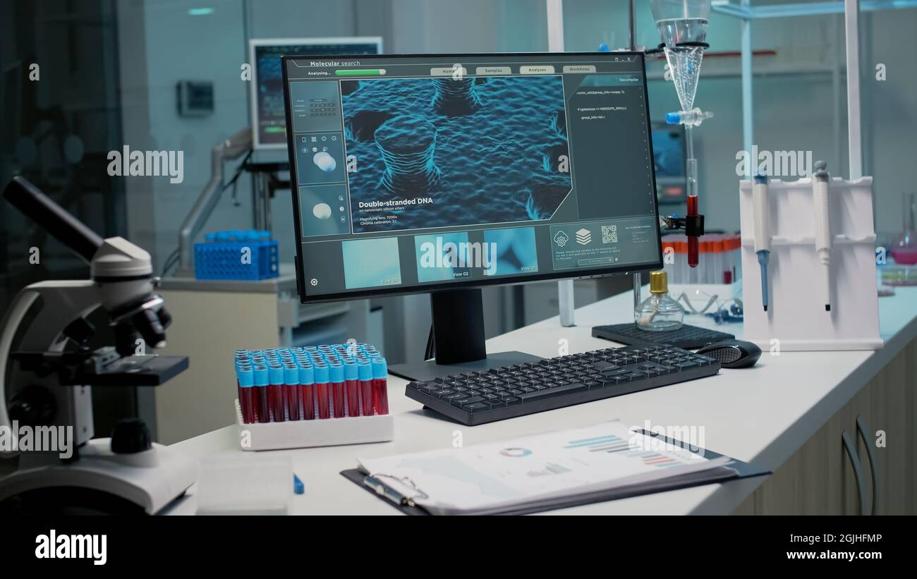 Nobody at chemistry desk in laboratory workplace with medical equipment