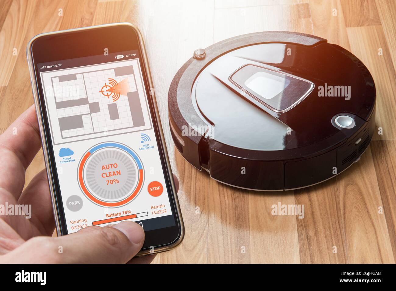 automatic robot vacuum cleaner wireless connect with smartphone application  to control and monitor working display on mobile phone screen for modern e  Stock Photo - Alamy