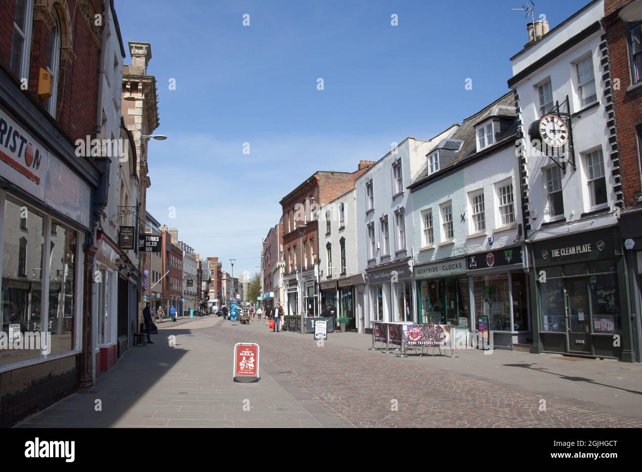 Shops and cafes on Southgate Street in Gloucester in the United Kingdom