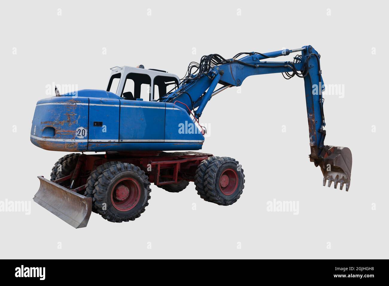 Blue bulldozer excavator isolated on white background Stock Photo