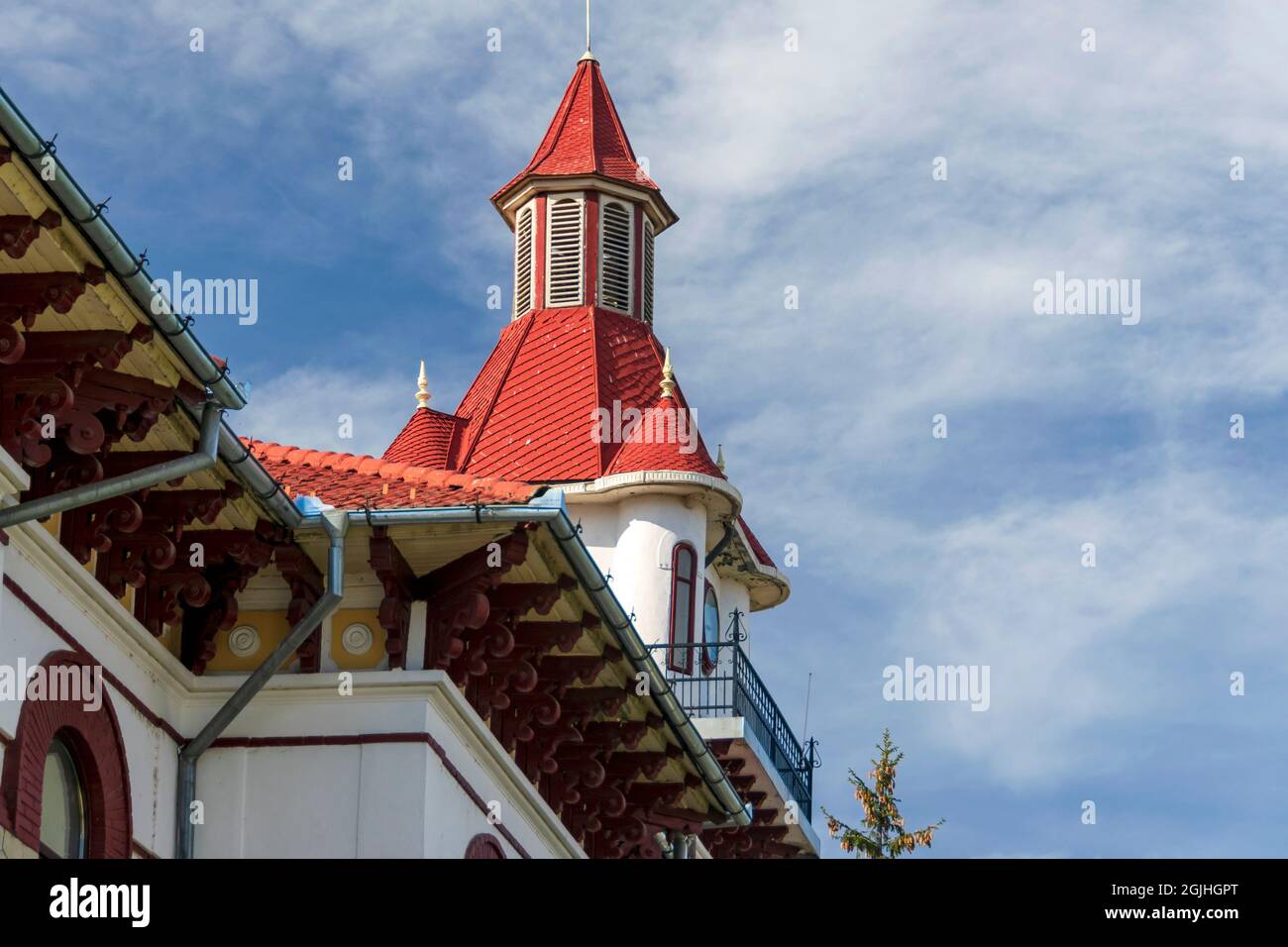 The tower of the Targu Ocna city hall, Bacau, Romania Stock Photo