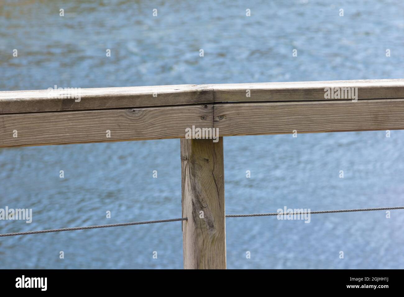 Light-colored weathered wood railing on blue background Stock Photo - Alamy