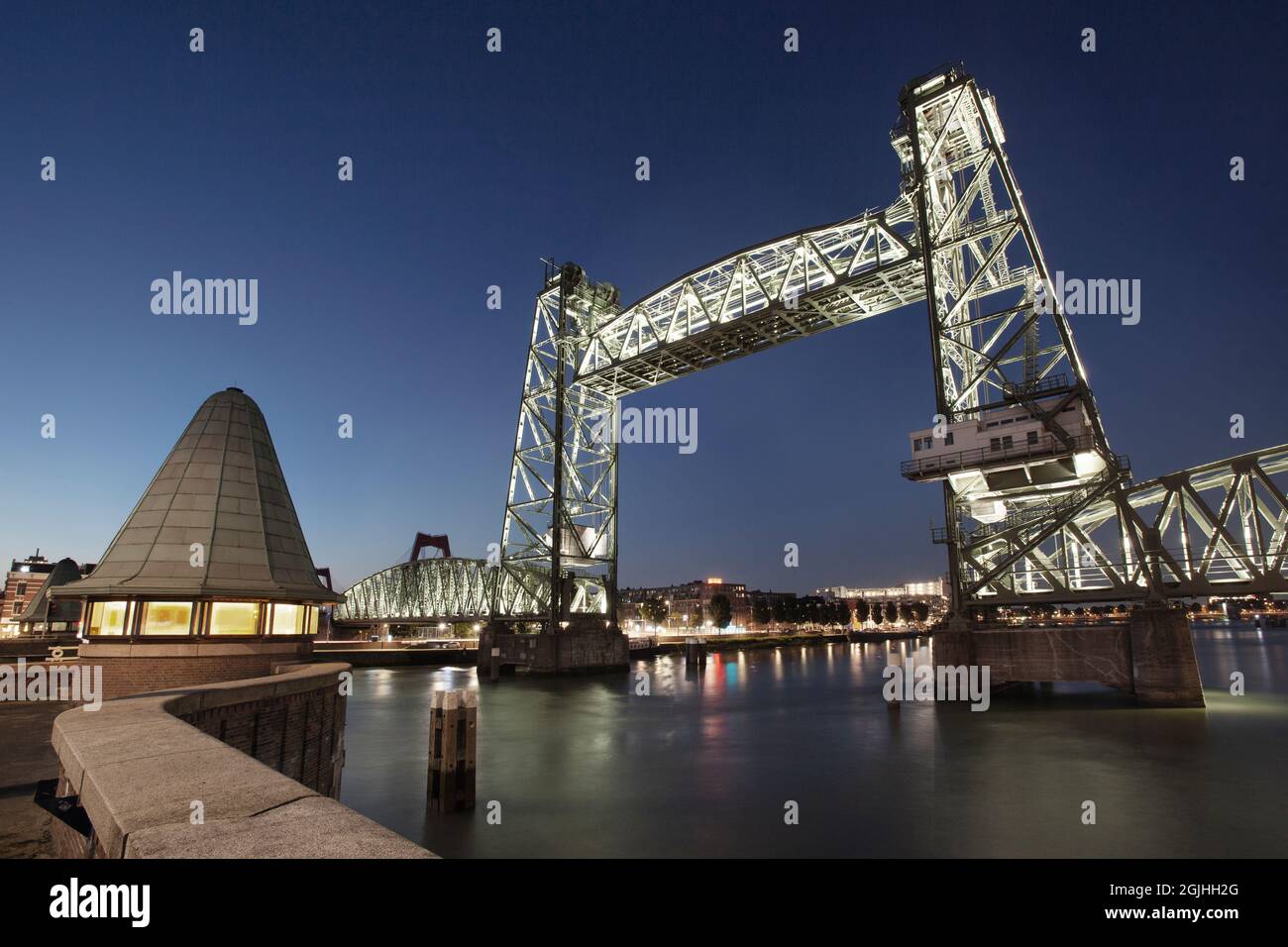 Famous old railroad bridge De Hef in the evening in Rotterdam Stock Photo