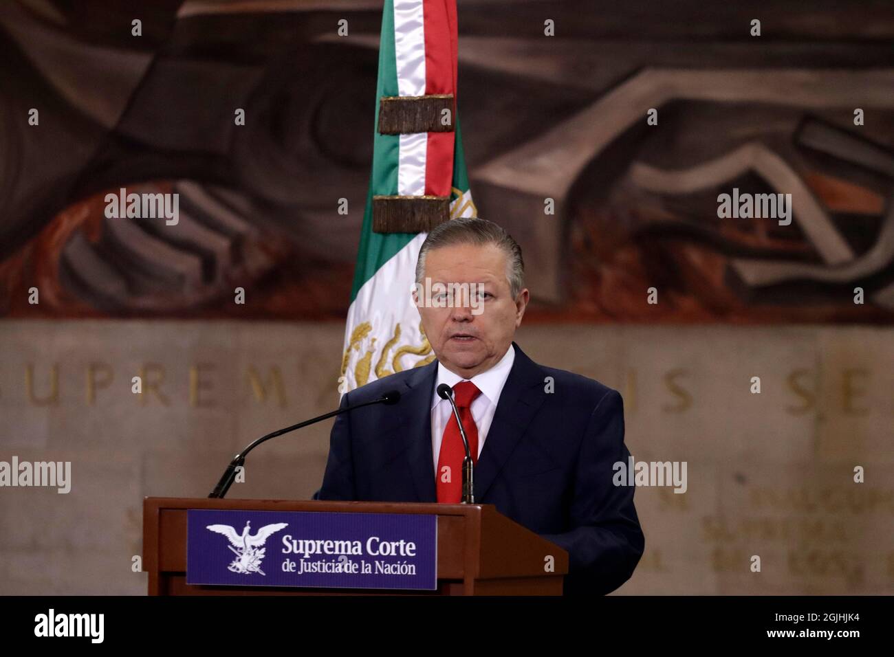 Non Exclusive: MEXICO CITY, MEXICO - SEPTEMBER 8: The presiding minister of Mexico's Supreme Court of Justice of the Nation, Arturo Zaldívar speaks du Stock Photo