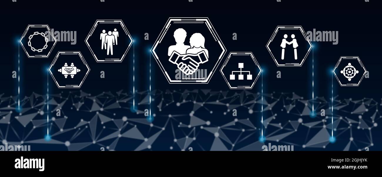 Concept of collaboration with icons in hexagons connected to abstract ...