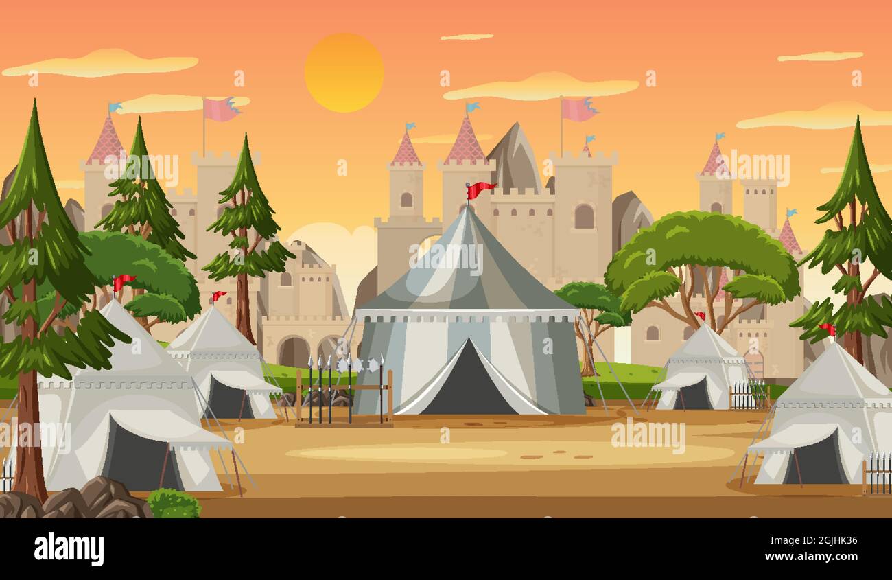 Military medieval camp with tents and castle illustration Stock Vector ...
