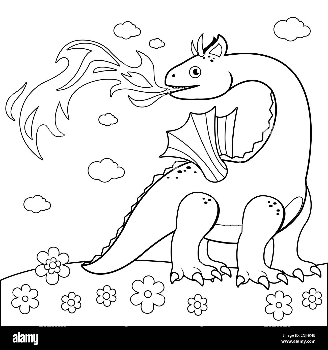 Fire breathing dragon. Black and white coloring page. Stock Photo