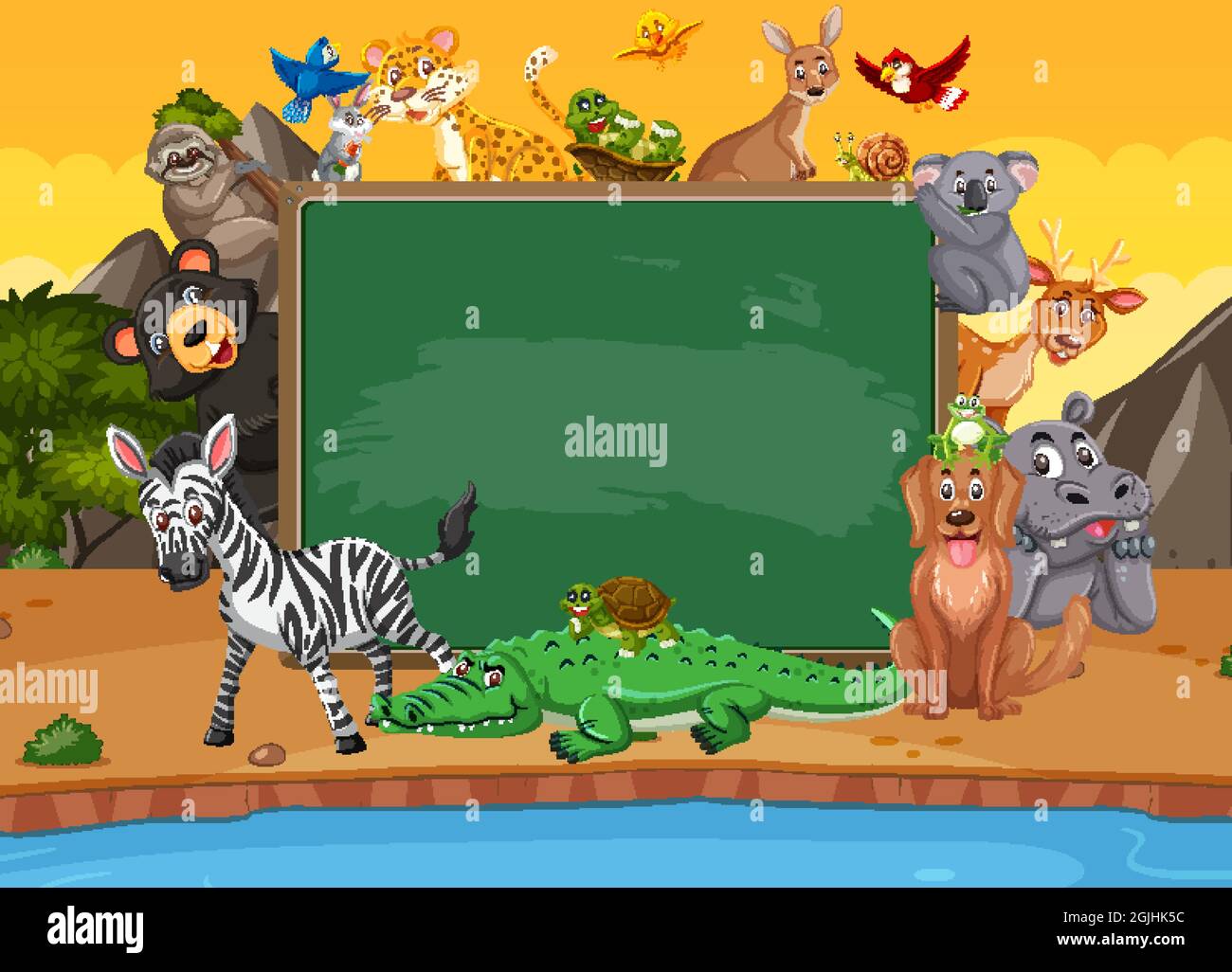 Empty blackboard with various wild animals in the forest illustration ...