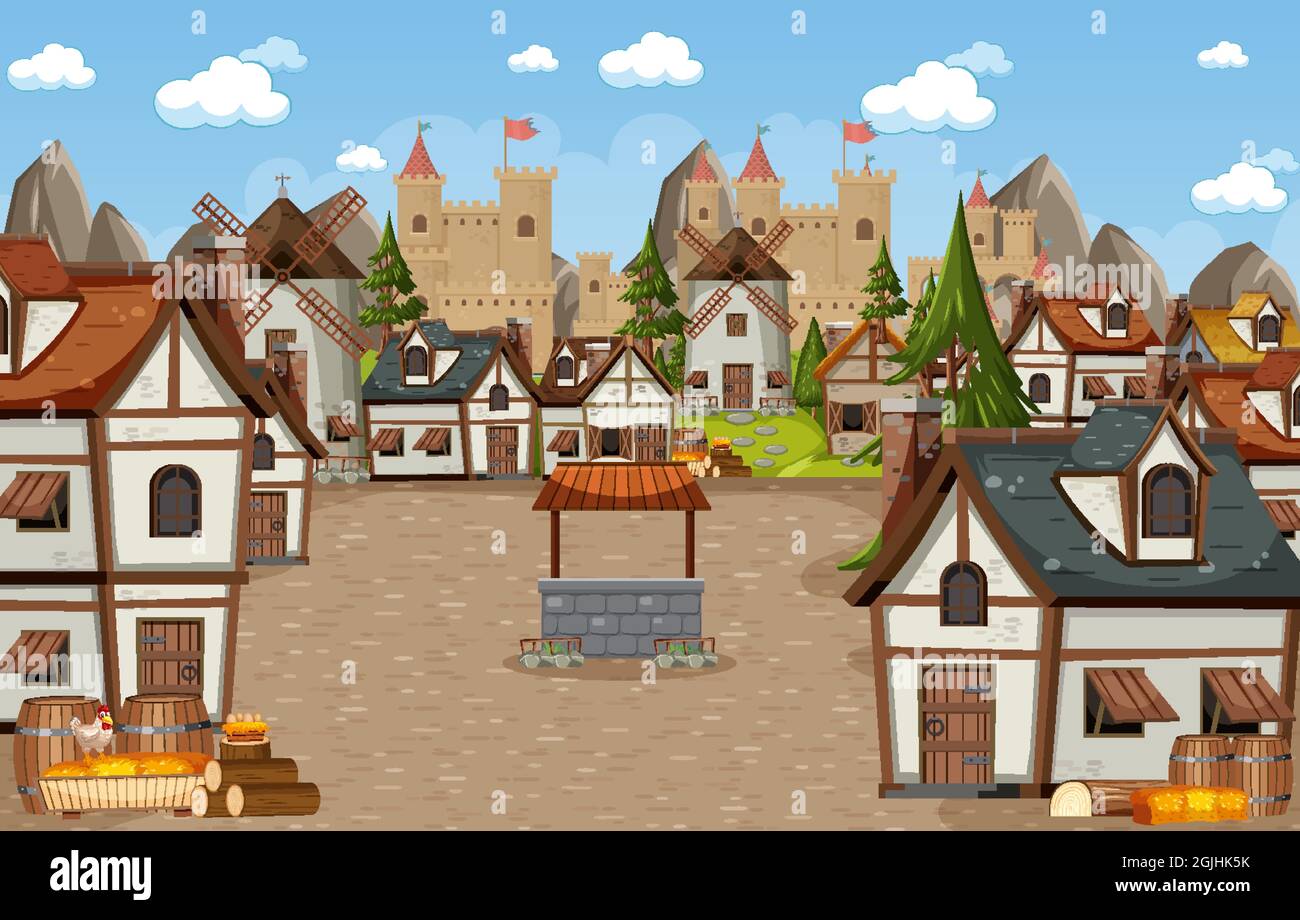 Medieval town scene with castle background illustration Stock Vector ...