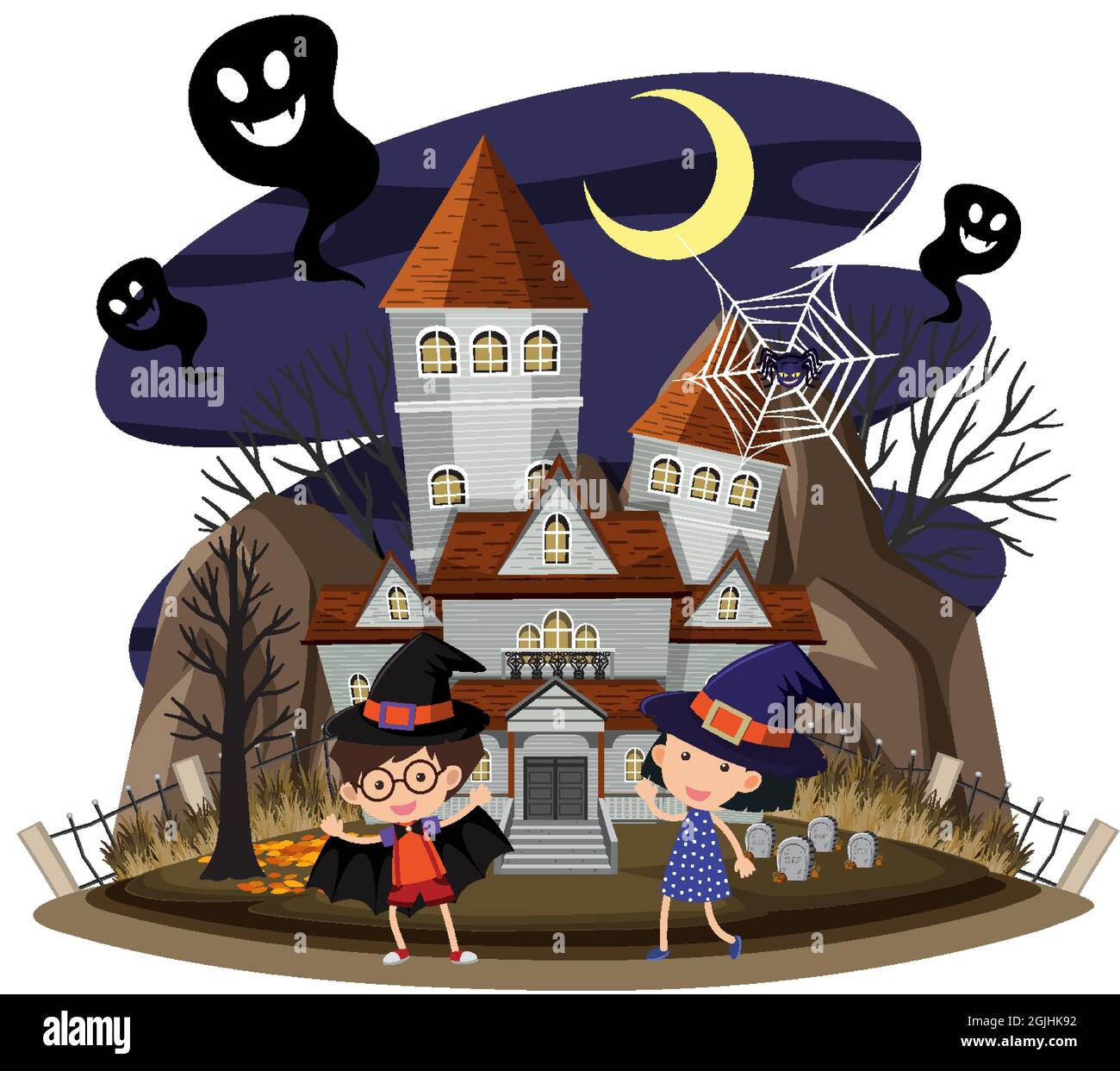 Haunted house at night scene illustration Stock Vector Image & Art - Alamy