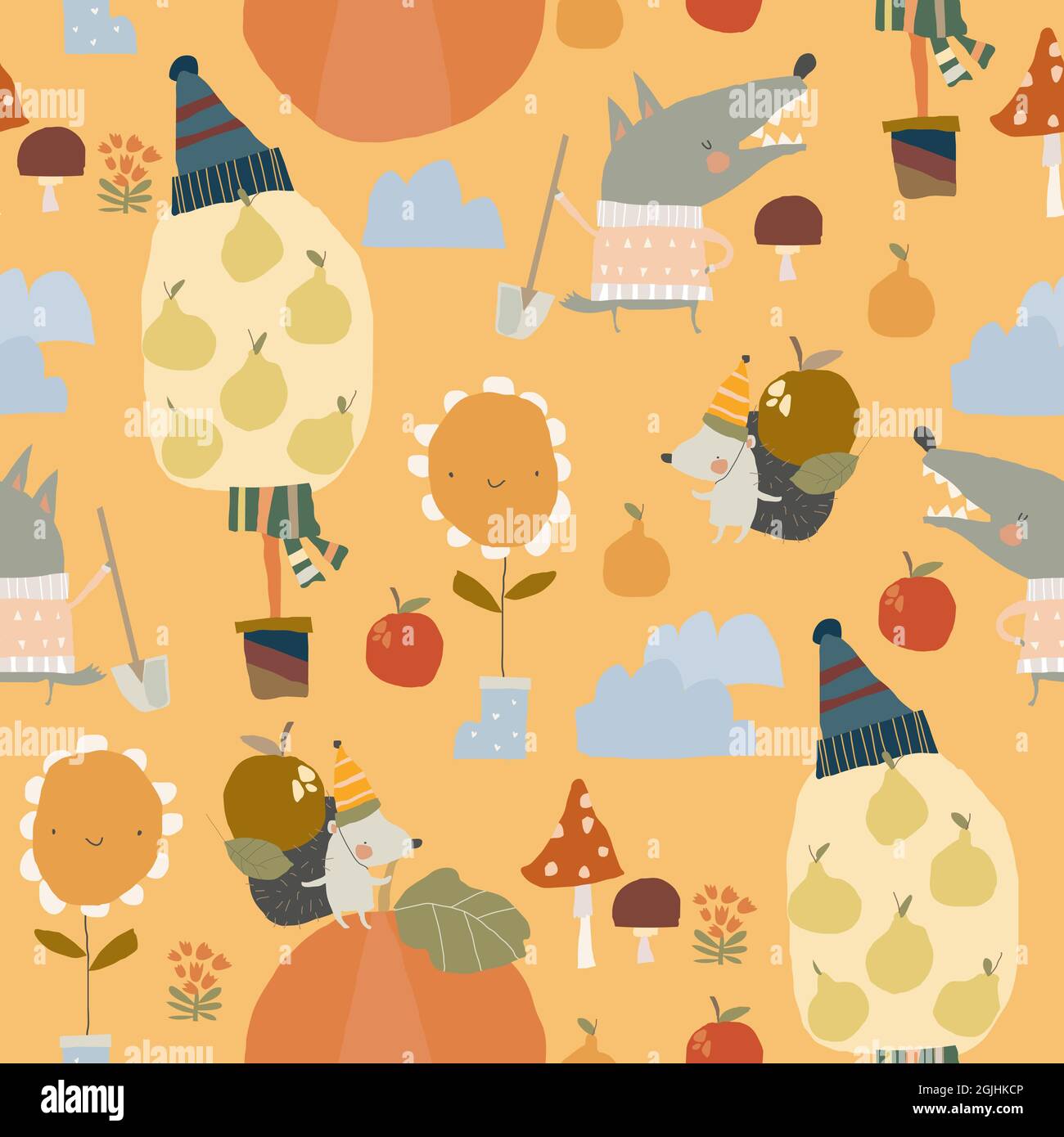 Seamless Pattern with Funny Animals and Autumn Elements Stock Vector