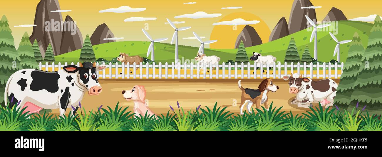 Outdoor panorama scene with farm animals illustration Stock Vector ...