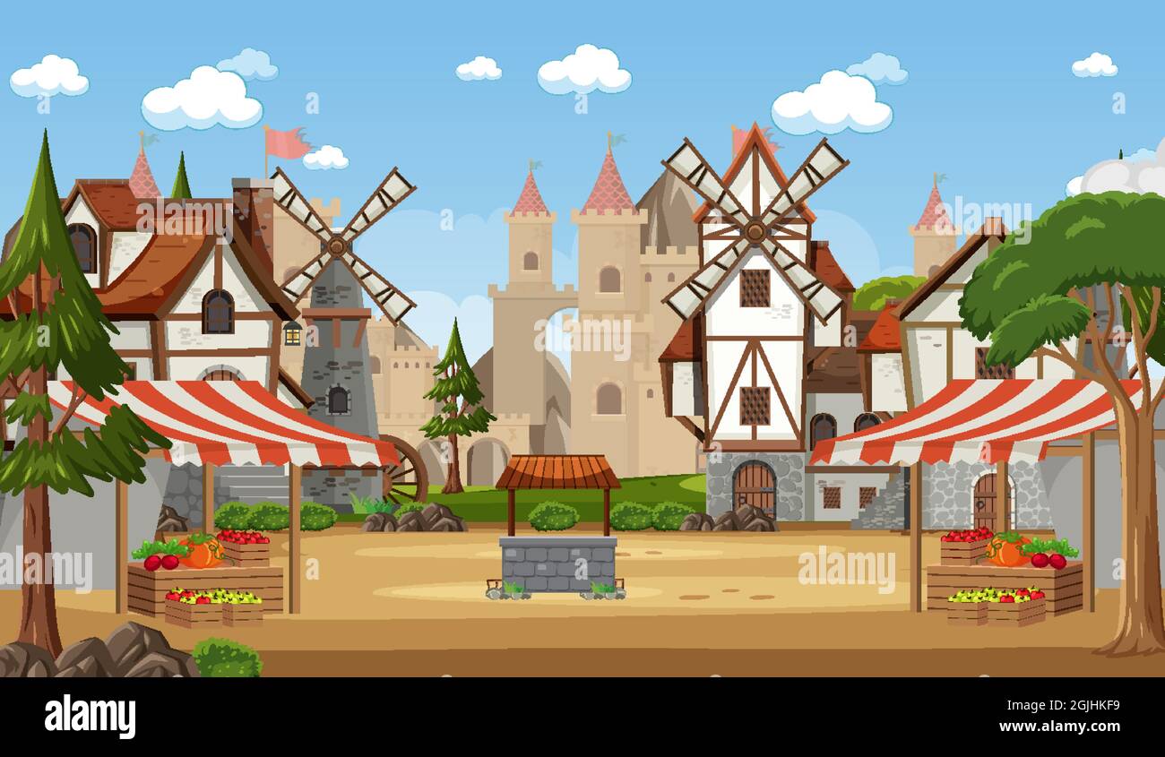 Medieval town scene with market place illustration Stock Vector Image ...