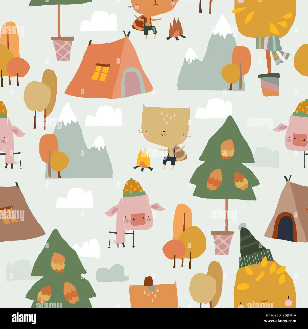 Seamless Pattern with Funny Animals and Autumn Elements Stock Vector