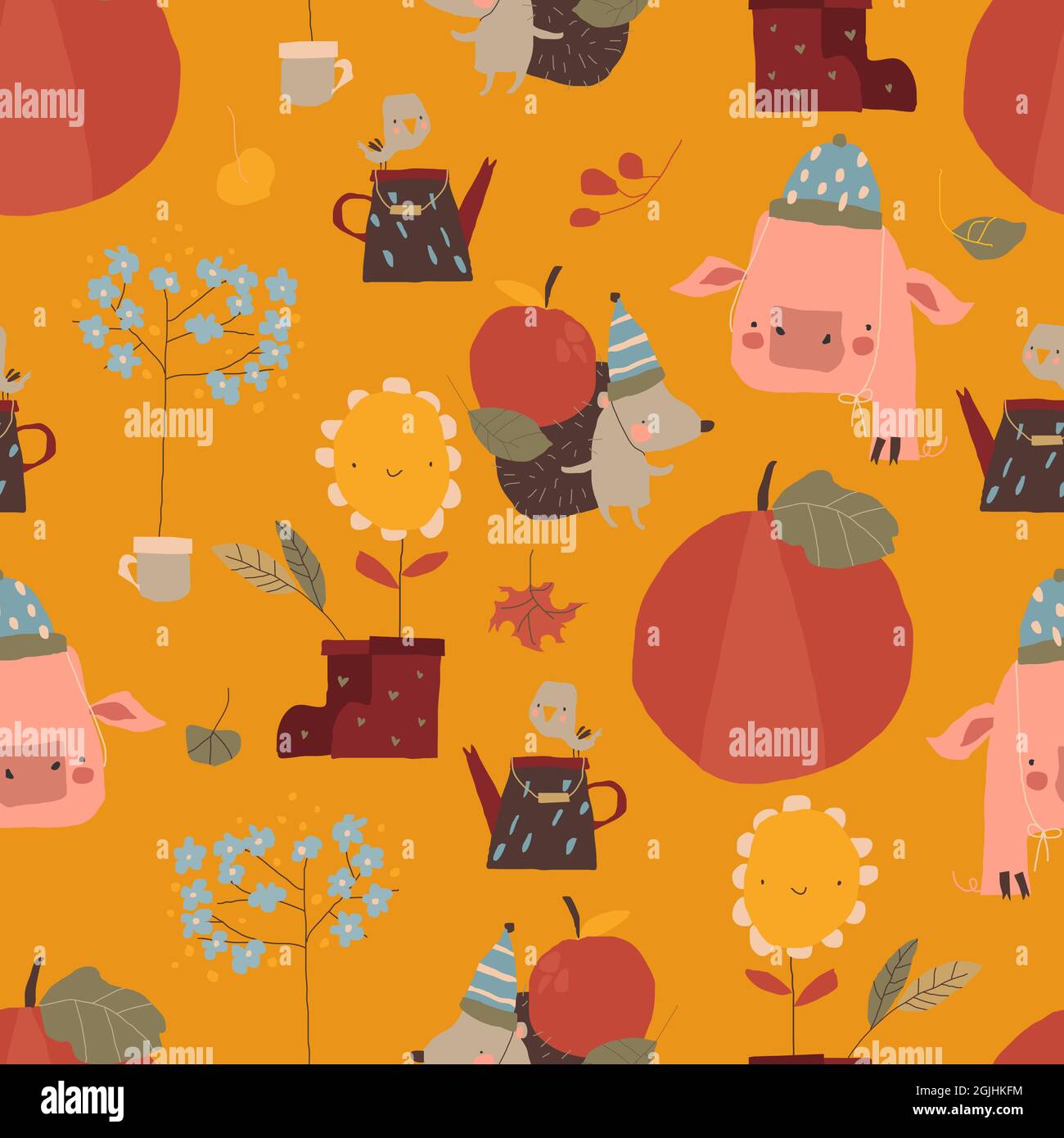 Seamless Pattern with Funny Animals and Autumn Elements Stock Vector