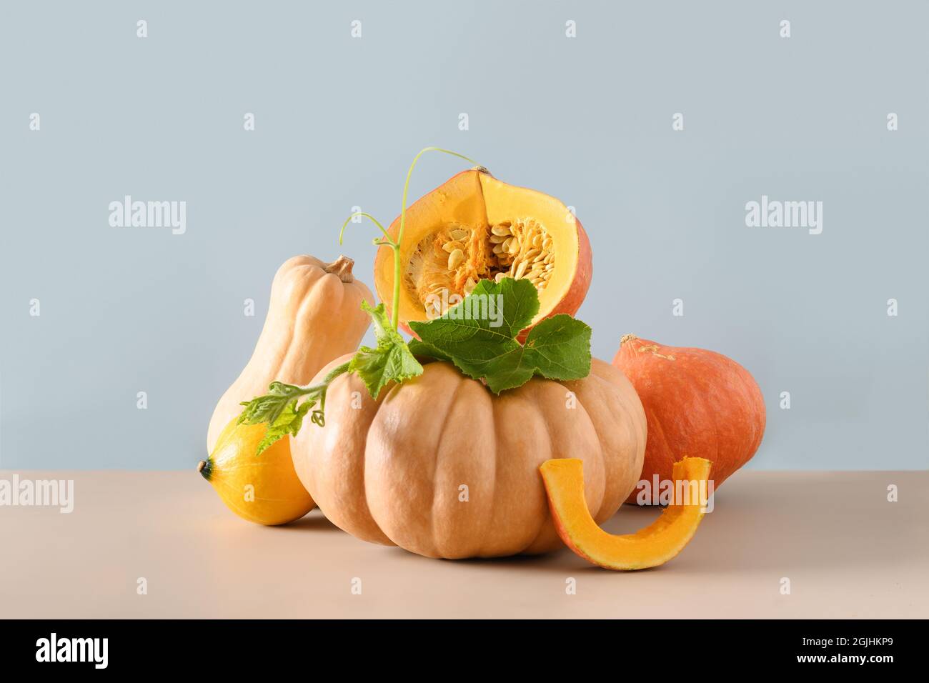 Organic pumpkins on modern colorful background. Autumn harvest in creative balance composition for Thanksgiving Day or Halloween Party. Stock Photo