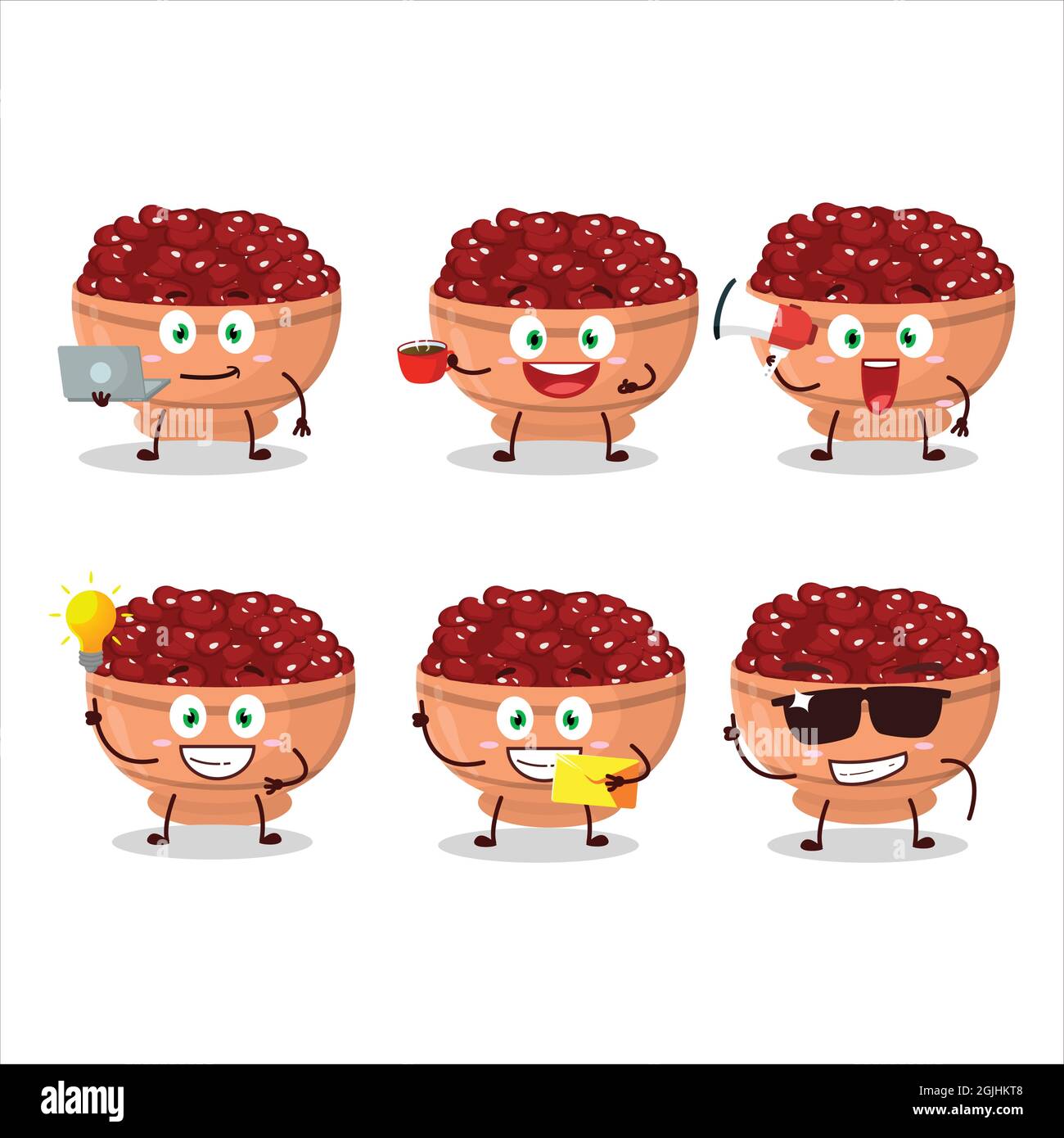 Kidney beans cartoon character with various types of business emoticons