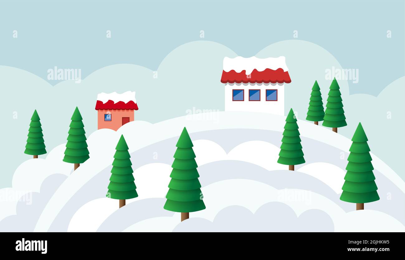 Winter snowy landscape with houses in the mountains, christmas ...