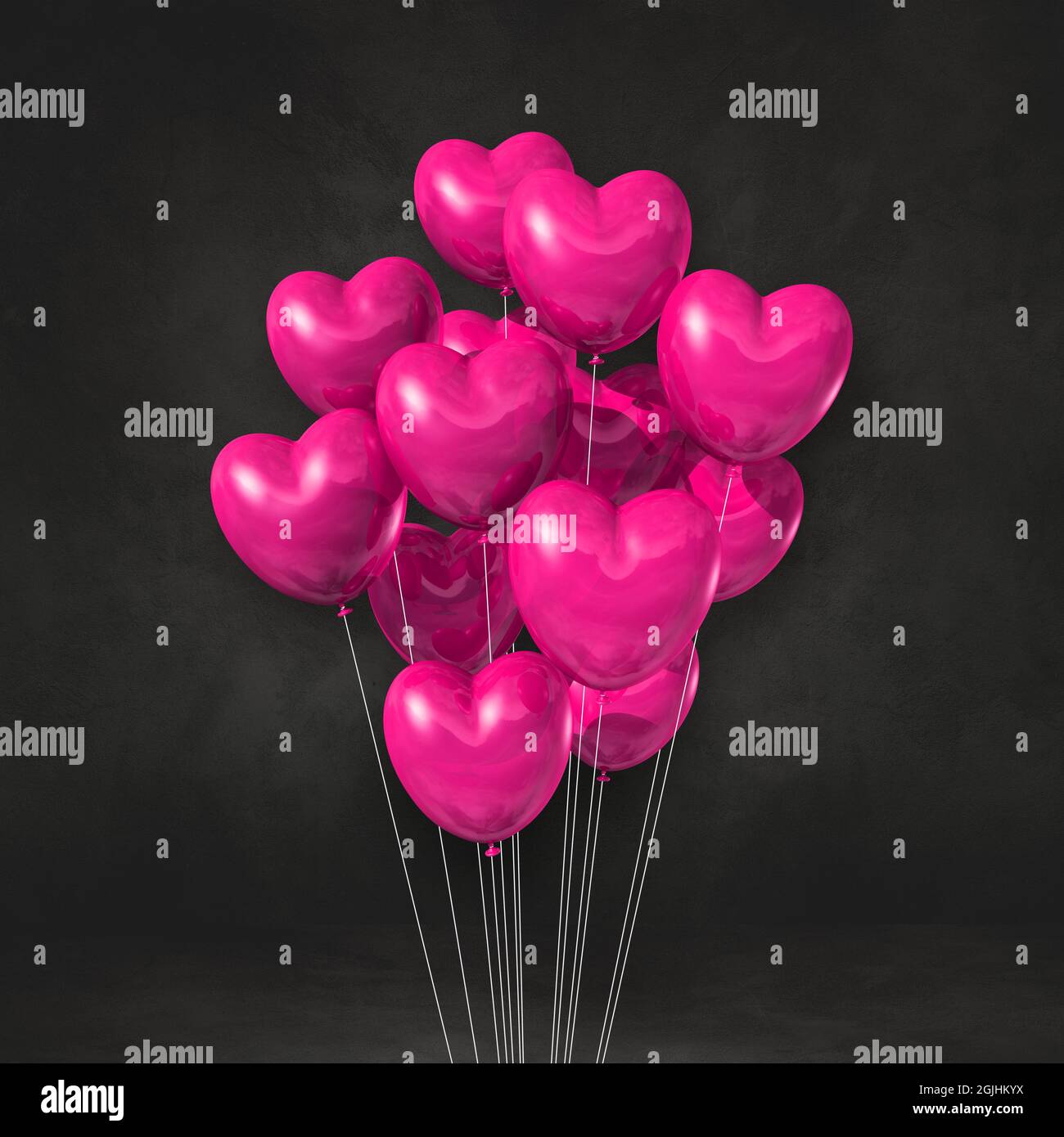 Pink heart shape balloons bunch on a black wall background. 3D ...