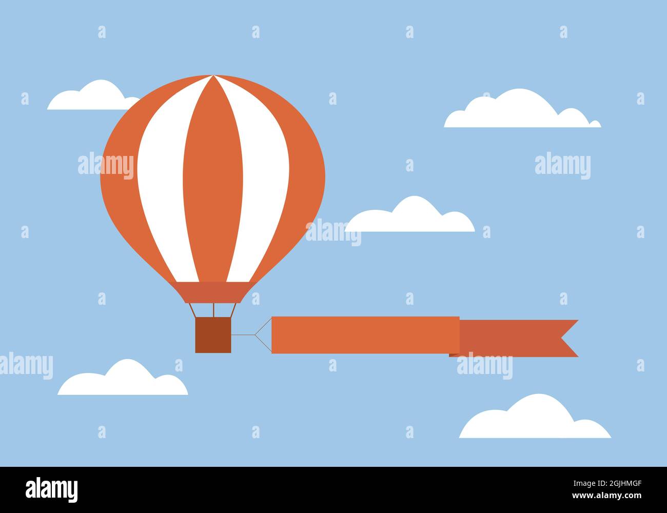 Flat design illustration of flying hot air balloon with ribbon or banner for advertising text. Blue sky and clouds background - vector Stock Vector