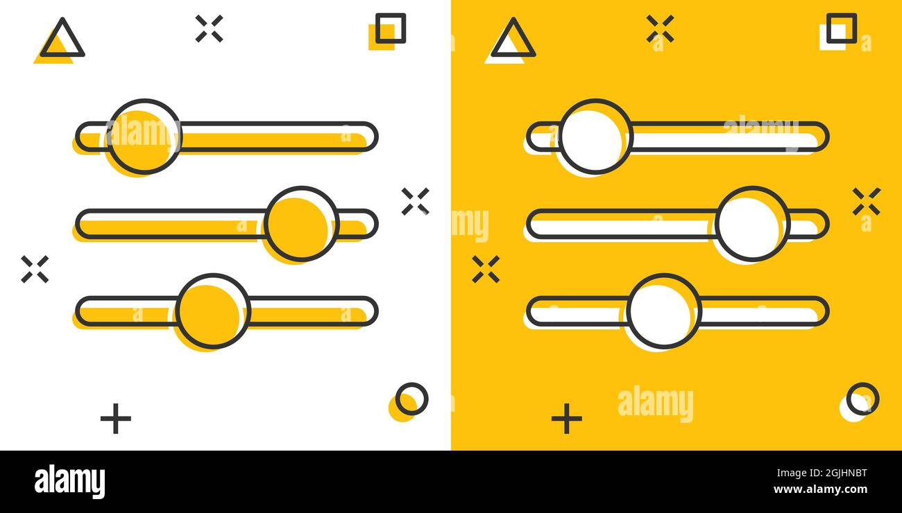 Control volume icon in comic style. Audio adjusting cartoon sign vector