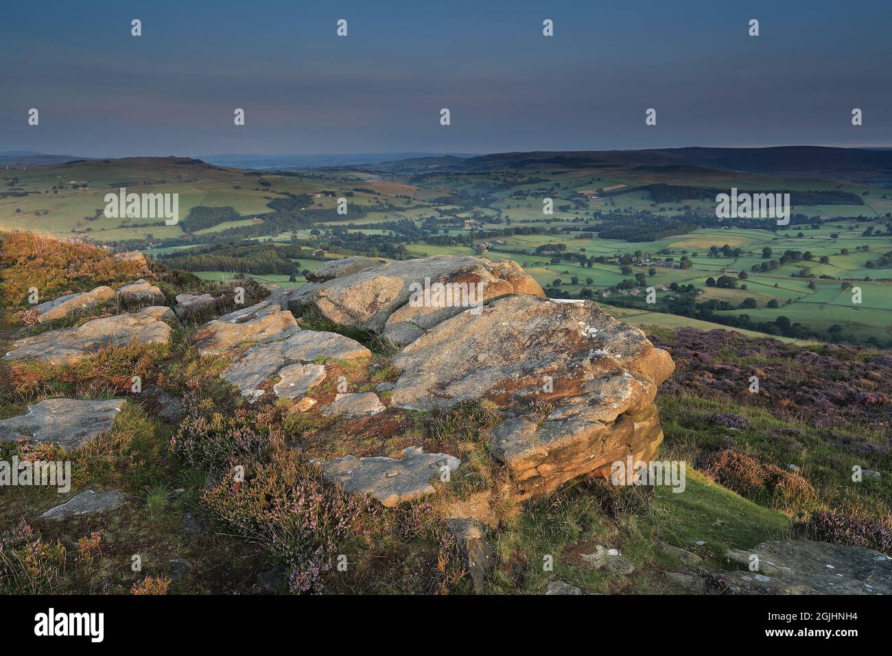 An outcrop of gritstone on the summit of Beamsley Beacon, a hill in Wharfedale, Yorkshire Dales National Park, UK Stock Photo