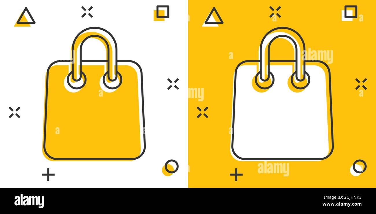 Shopping bag icon in comic style. Handbag cartoon sign vector ...
