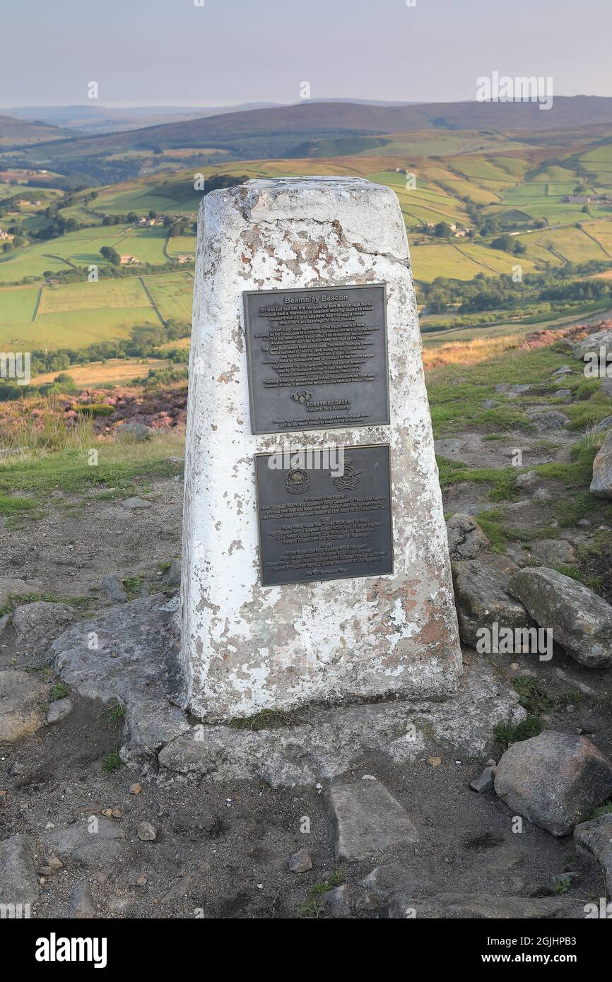 Trig point on the summit of Beamsley Beacon, a hill in Wharfedale, Yorkshire Dales National Park, UK Stock Photo