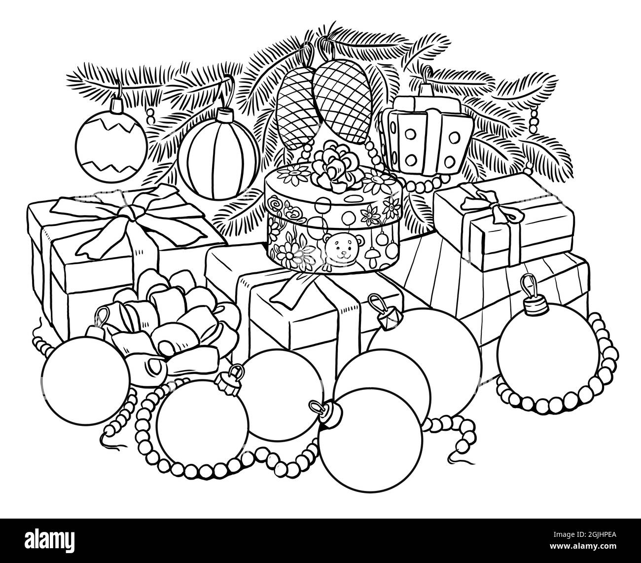 Christmas presents under the Christmas tree. Template for coloring. Stock Photo