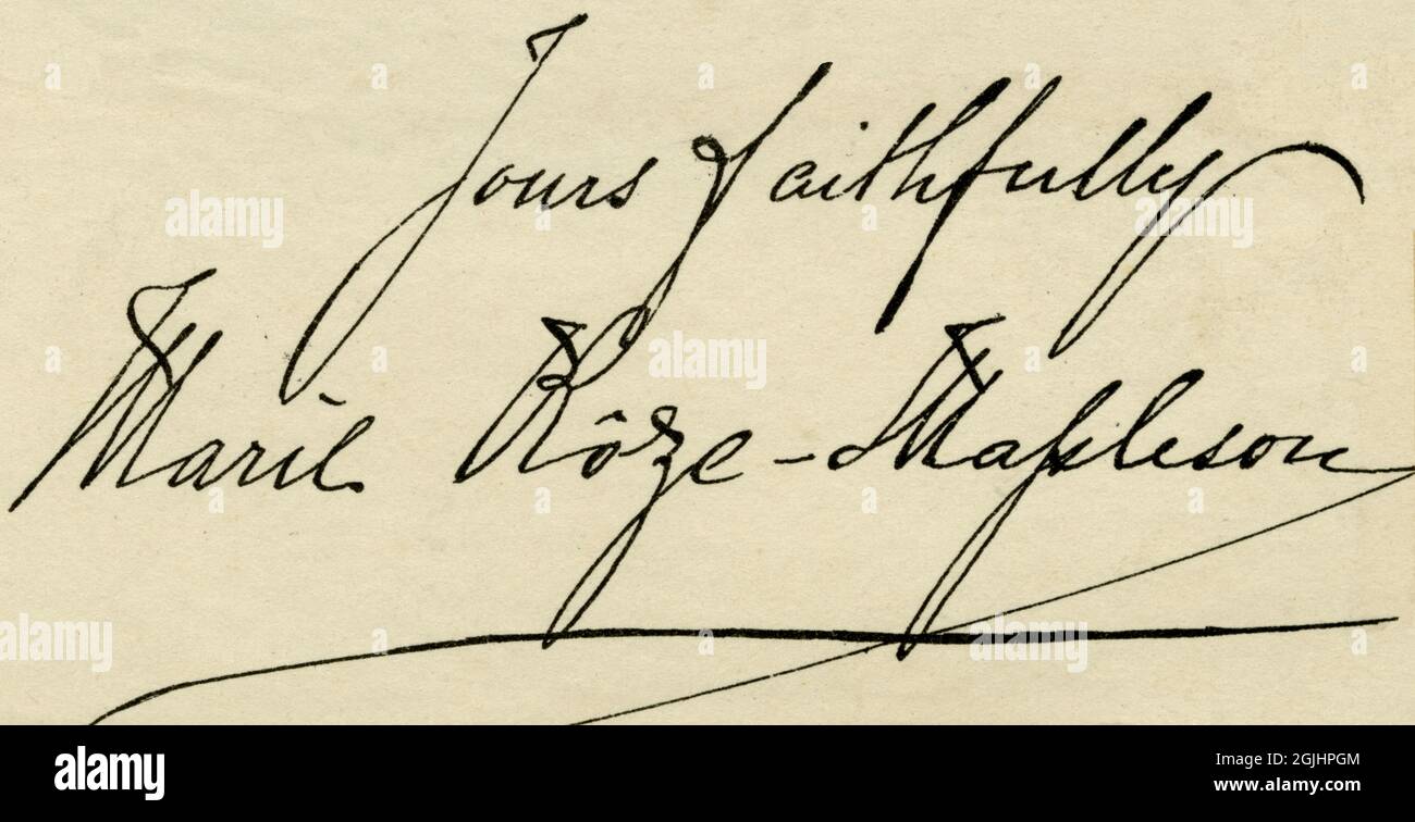 Signature or autograph of the French soprano opera singer, Marie Rôze-Mapleson (1846-1926), known simply as Marie Rôze, who made her operatic debut in Paris in 1865 and was subsequently popular in the UK and USA, touring both countries with the Carl Rosa Opera Company. Stock Photo