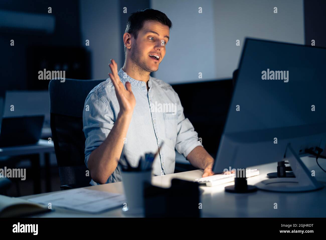 Online Video Conference Webinar Meeting Call On Computer Stock Photo ...
