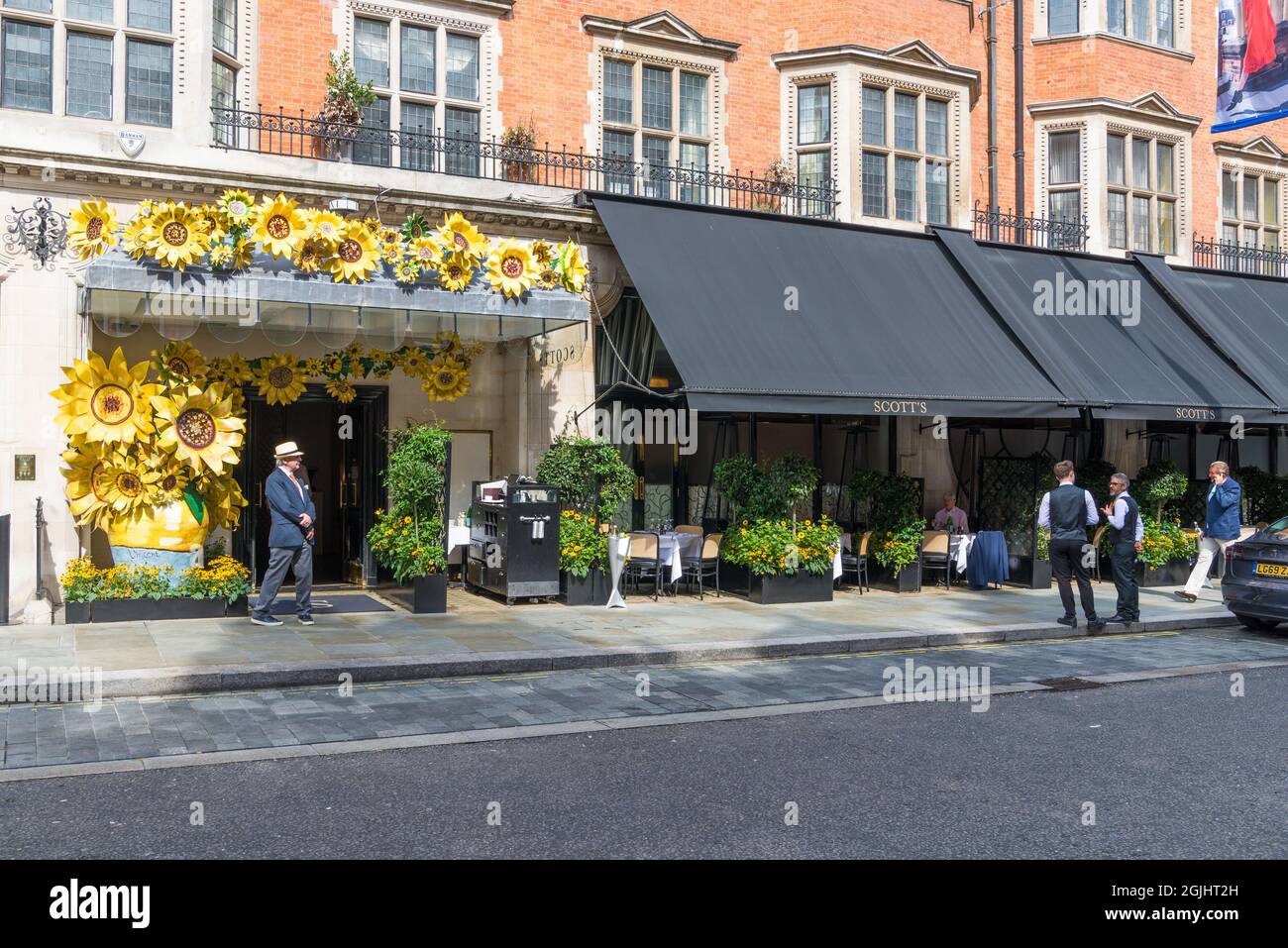 Colourful exterior of Scott's,seafood and fish restaurant in Mount Street, Mayfair, London