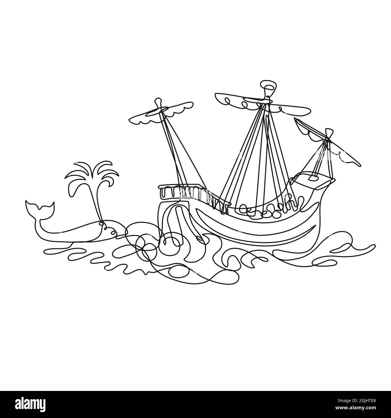 Galleon or Tall Ship Sailing with Whale Continuous Line Drawing Stock Photo