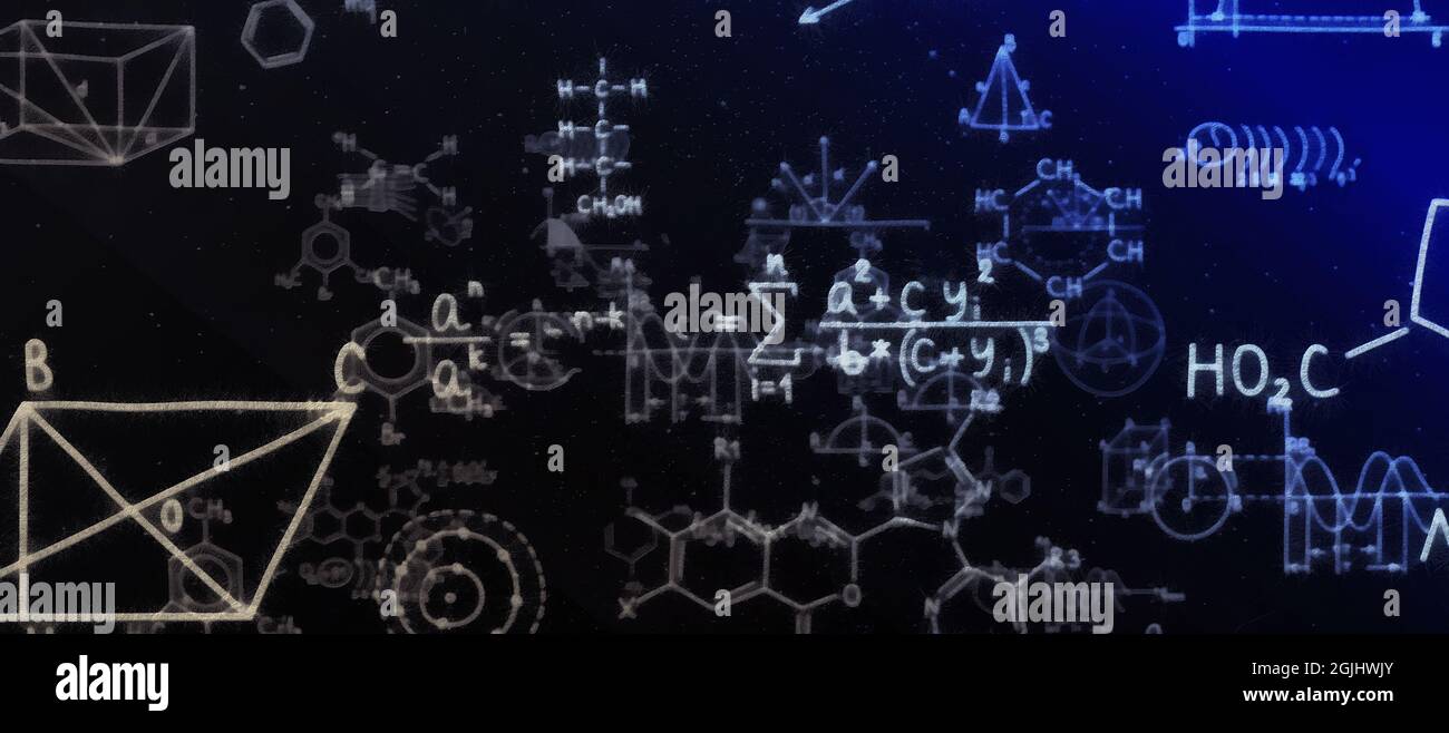 Mathematical concept. A board with scientific formulas, graphs and ...