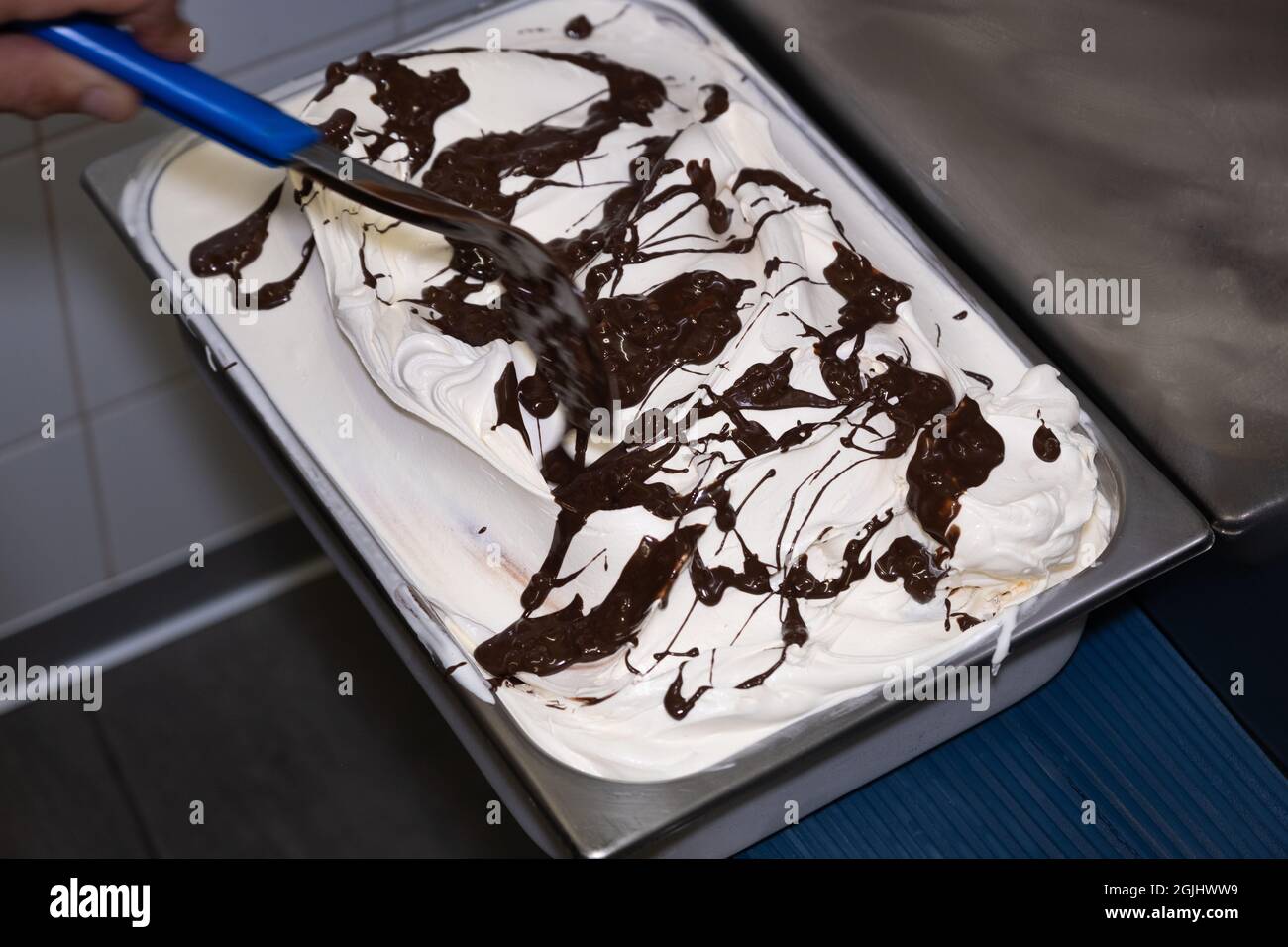 Italian artisan ice cream (Gelato) manufacturing. Production process in