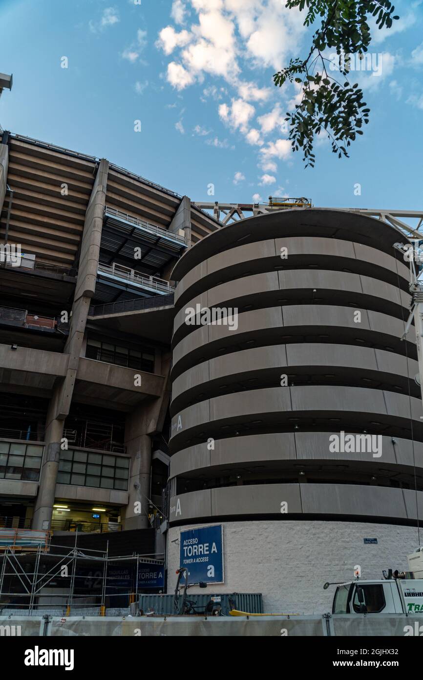MADRID, SPAIN - Aug 31, 2021: August 31, 2021. Madrid, Spain. Remodeling works in the exterior area of Real Madrid's Santiago Bernabeu soccer stadium. Stock Photo