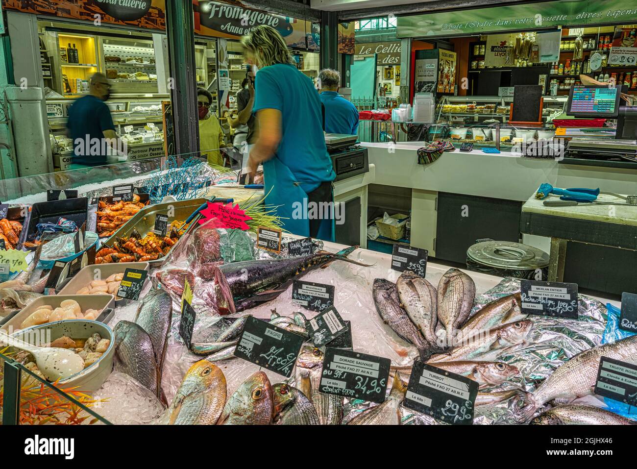 Grenoble covered market, fish stall. Grenoble, Auvergne-Rhône-Alps region, isère department, France, Europe Stock Photo