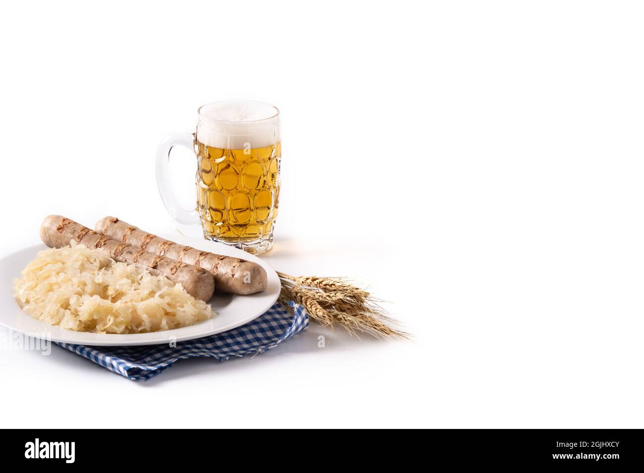 Bratwurst sausage ,sauerkraut, pretzels and beer isolated on white background Stock Photo