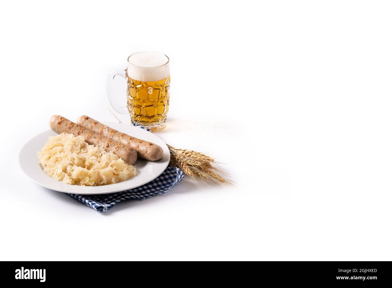 Bratwurst sausage ,sauerkraut, pretzels and beer isolated on white background Stock Photo