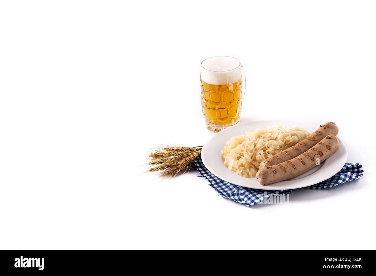 Bratwurst sausage ,sauerkraut, pretzels and beer isolated on white background Stock Photo