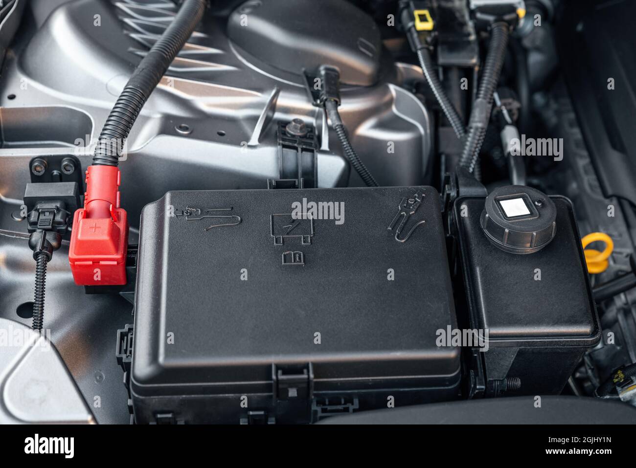 Battery car engine detail close up of machine new batteries Stock