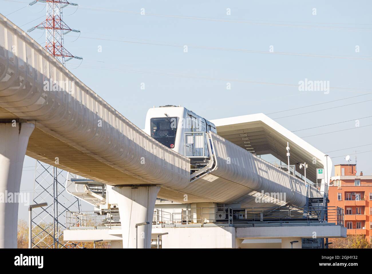 A public transportation system known as a People Mover moves above a
