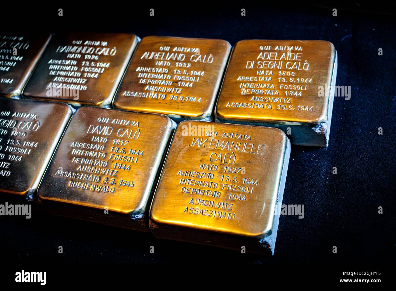 Bologna, ITALY. 08 January, 2020. Stolpersteine ('stumbling block' in German) are seen inside 'Comune di Bologna' during the press preview in Bologna, Stock Photo
