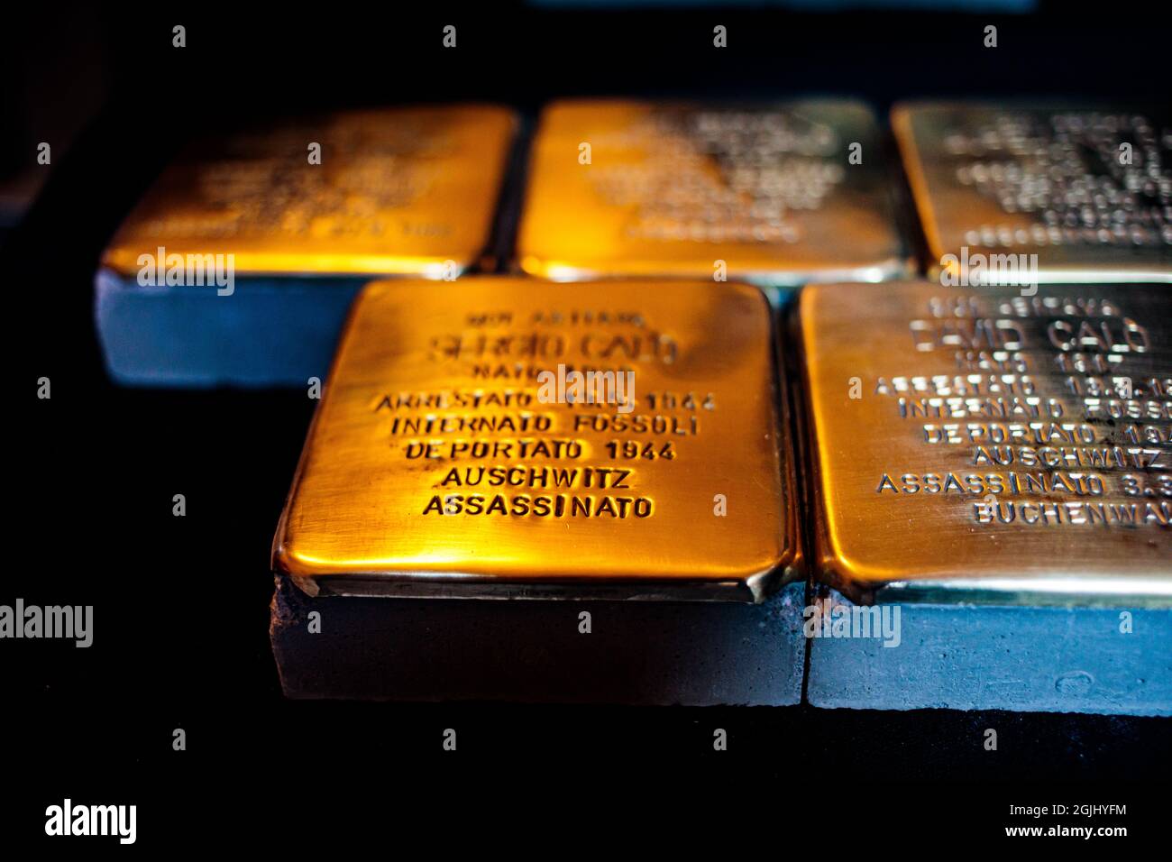 Bologna, ITALY. 08 January, 2020. Stolpersteine ('stumbling block' in German) are seen inside 'Comune di Bologna' during the press preview in Bologna, Stock Photo
