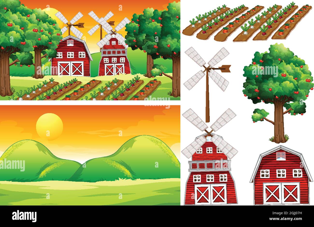 Farm element set isolated with farm scence illustration Stock Vector ...