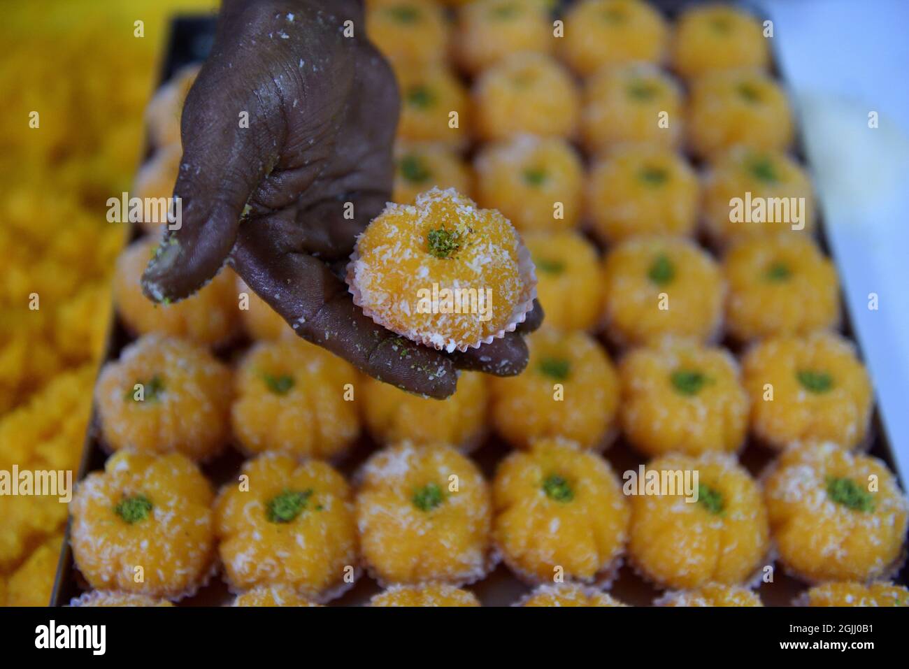 Motichur Ladoos are special type of sweet offered to the elephant-headed God, Lord Ganesha as bhog. Ganesh Chaturthi, one of the most auspicious festivals in the Hindu calendar, marks the beginning of the 10-day festivities. Also known as Vinayaka Chaturthi, the celebrations begin with bringing home an idol of Lord Ganesha. Food forms an important part of Ganesh Chaturthi celebrations. Among the many desserts to fruits that are part of the festivities, modaks and ladoo. (Photo by Sukhomoy Sen/Pacific Press) Stock Photo