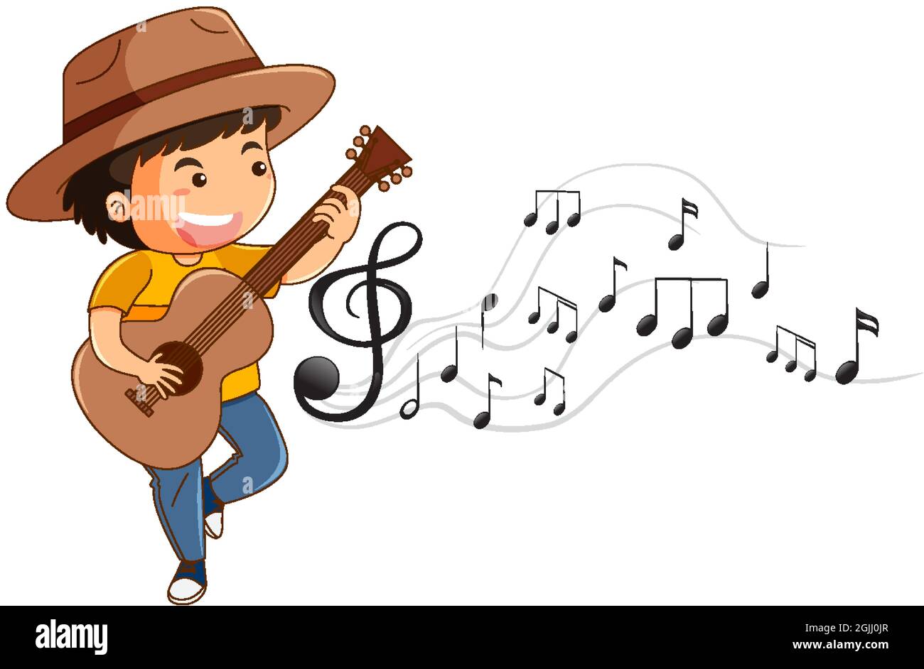 Cartoon character of a boy playing guitar with melody symbols illustration  Stock Vector Image & Art - Alamy