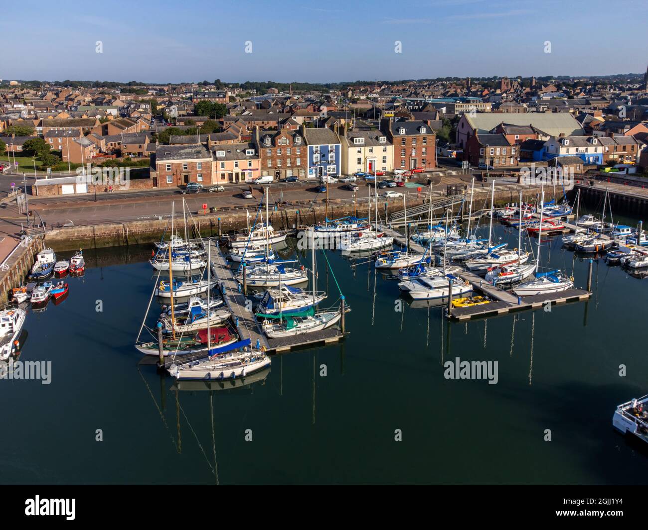 Aerial view of the pretty harbour in the town of Arbroath, Angus, Scotland Stock Photo